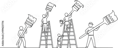PrintTeamwork Painting Wall Vector Illustration with Workers Using Brushes and Ladders, Collaboration Concept for Construction, Renovation and Creative Work Design