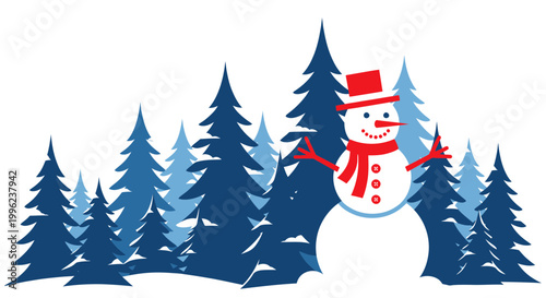 Happy Snowman in Snowy Forest with Pine Trees - Winter Holiday Background