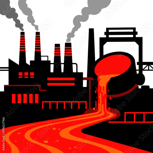 Industrial Foundry: Molten Metal Pouring from Ladle into Channel