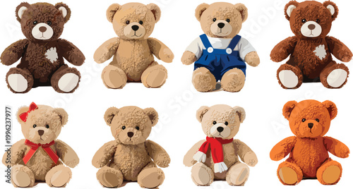 Cute Teddy Bear Collection with Plush Toy Characters in Different Styles, Soft Stuffed Animals for Kids, Nursery Decor, and Toy Illustration