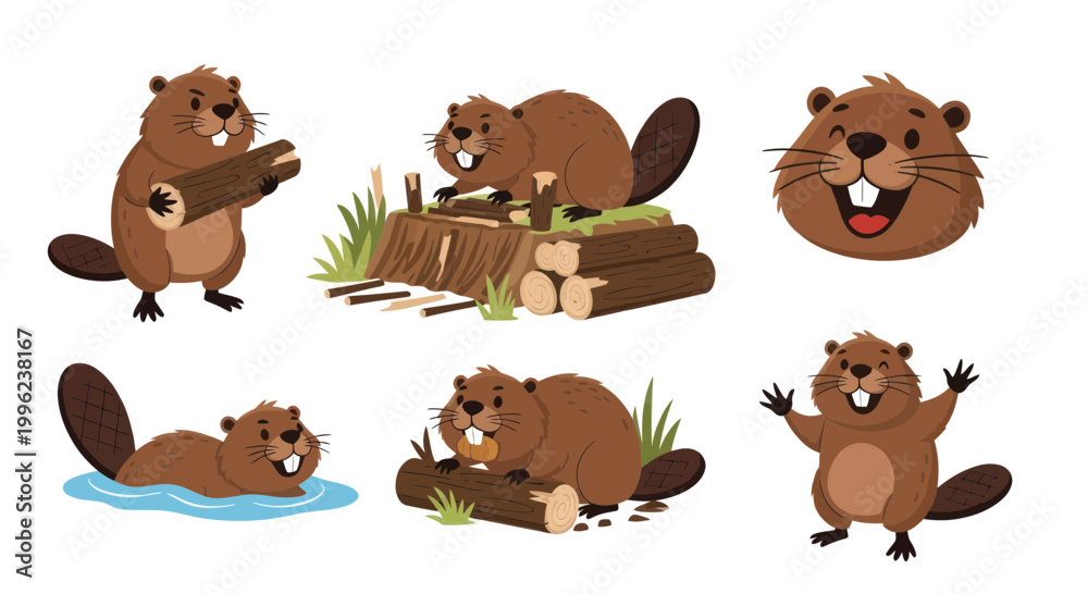 Fototapeta premium Cute Cartoon Beavers Building, Swimming, and Cheerful