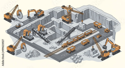 Construction Site With Heavy Machinery And Building Materials Illustration.