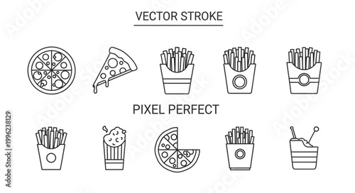 Collection of fast food icons including pizza and french fries.