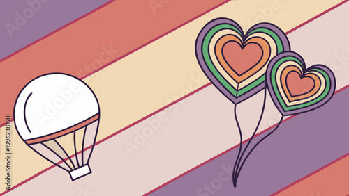 Colorful heart balloons, hot air balloon, rainbow striped background, love icons, vector illustrations