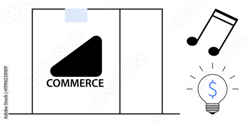 E-commerce, branding, creative economy, digital marketing, innovation, monetization. Commerce logo, musical note illuminated bulb with dollar sign. Branding and creative economy