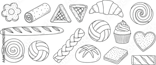 Hand drawn bakery elements set with bread, croissant, rolls, cupcake and pastries in outline sketch vector illustration style