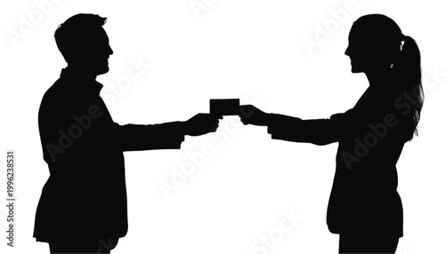 Businesswoman exchanges a physical identification card with a professional man in a formal meeting.