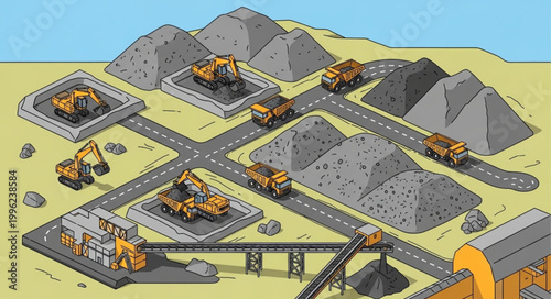Construction site with heavy machinery and piles of gravel.