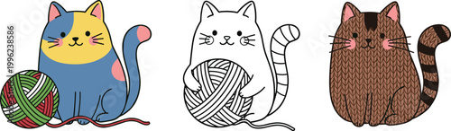 Cute Cats Playing with Yarn Collection with Cartoon Kittens, Knitting Balls, and Adorable Pet Characters for Kids, Craft, and Cozy Illustration