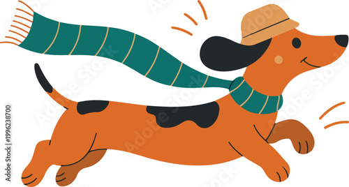 Cute dachshund wearing hat and scarf running on white background adorable pet winter flat vector illustration