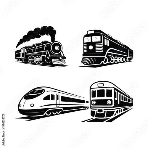 Train icons in black and white silhouette style for transportation design