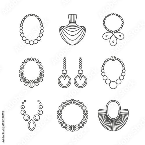 Jewelry icons including necklaces, earrings and a perfume bottle in black line art