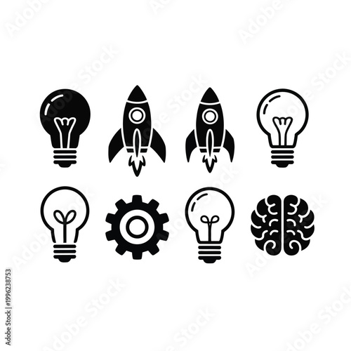 A set of black and white icons representing ideas and innovation