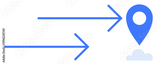 Travel planning, location tracking, logistics, big data, delivery services, navigation tools. Blue arrows pointing to a blue location pin over a white cloud. Navigation and logistics concept