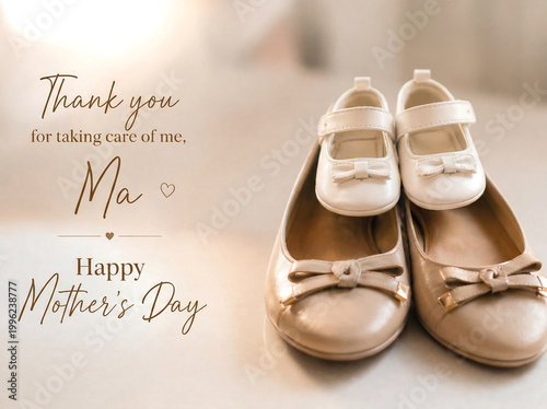Mother’s Day Concept with Baby Shoes Standing on Mother’s Flats, Symbol of Love, Growth and Protection, Warm Minimal Lifestyle Scene
