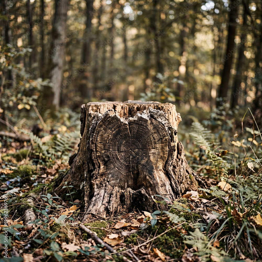 Obraz premium Detailed tree stump with visible rings in forest representing age