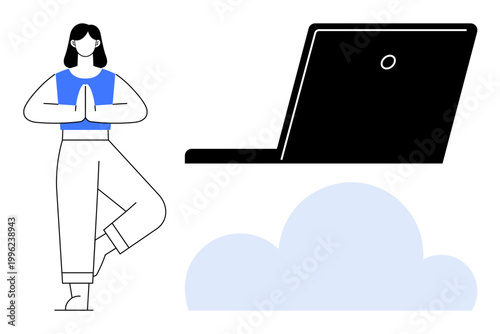 Work-life balance, online health, remote work, mental wellness, cloud computing, mindfulness. Woman practicing yoga with a laptop and cloud symbol. Work-life balance and online health concept
