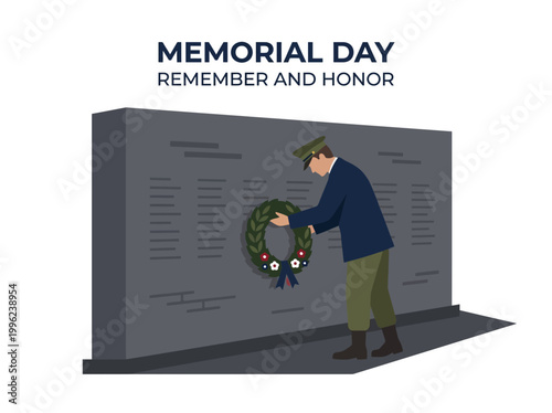 Soldier in uniform places a commemorative wreath on a dark granite memorial wall to honor those who served.