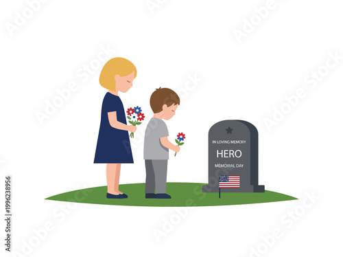 Children standing before a gravesite monument hold colorful flowers to honor the memory of a fallen hero.