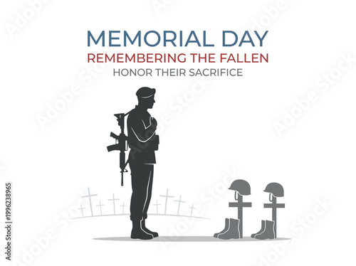 Soldier stands in silhouette before crosses and helmets to honor the sacrifice of fallen comrades.