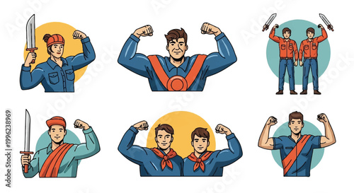 People posing with knives and flexing muscles set