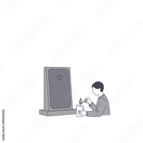 Person kneeling beside a stone memorial plaque lights a memorial candle to pay their respects in silence.