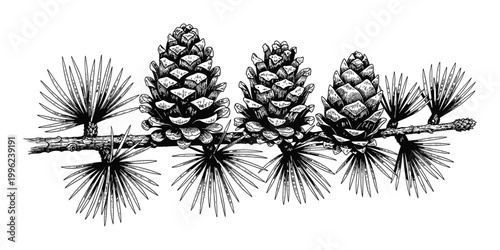 Branch of larch tree with pine cones vector illustration in etched line art style.