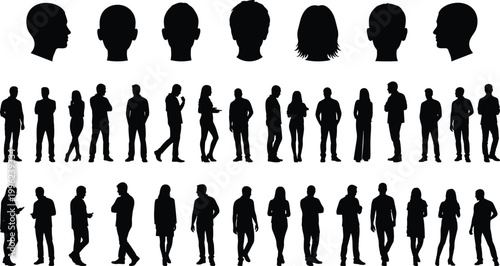 Comprehensive collection of people silhouettes, diverse group of men and women standing, human head profile portraits, casual poses, business professionals, vector flat illustration.