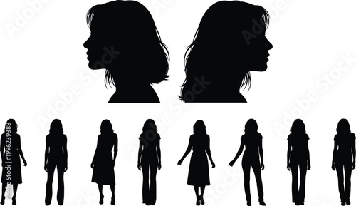 Elegant collection of woman silhouettes, profile head portraits with beautiful hair, standing female figures in casual dresses and outfits, vector flat illustration.