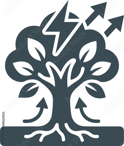 Black and white flat vector biomass energy icon depicting a sustainable energy tree converting organic matter into renewable electricity.