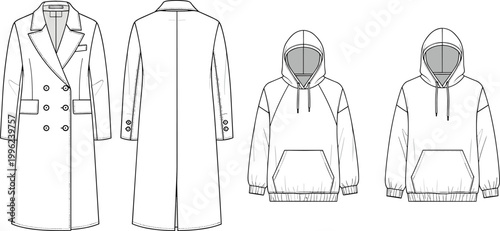 Technical CAD drawing flat vector illustration of a women's double breasted long trench coat and an oversized raglan sleeve hoodie.