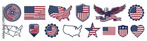 US Independence Day - Flat Vector Icon Set of Various United States Patriotic Symbols like Flags Shields Badges and American Eagle for Fourth of July Celebration Isolated on White