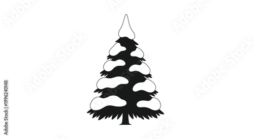 A stark snowy evergreen tree in a simple black silhouette
