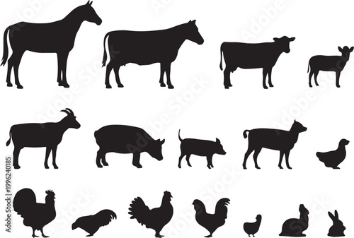 Comprehensive Farm Animals Silhouette Set Featuring Horse, Cow, Goat, Pig, Rabbit, and Various Poultry Like Turkey and Chicken Isolated on White.
