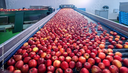 fresh red apples on a conveyor belt in fruit processing facility for quality inspection