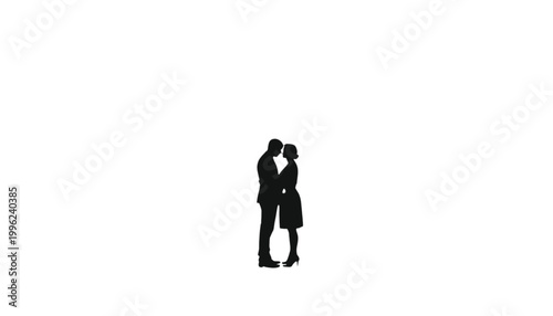 Couple stands closely together to share an intimate romantic moment against a plain white background.