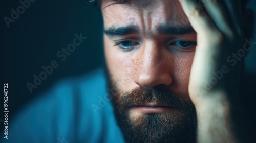 Stress relief concept, A close-up of a young man with a beard, looking down and worried, holding his head in his hand, capturing a moment of deep thought or stress.