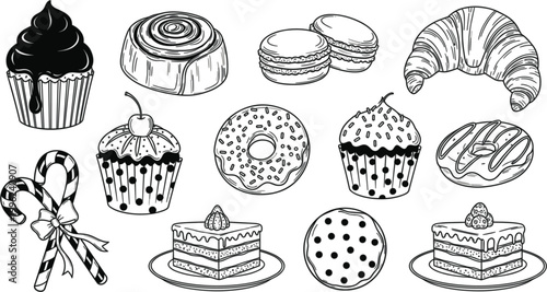 Hand drawn bakery desserts set with cupcakes donuts croissant macarons candy cake sweet food sketch vector illustration collection