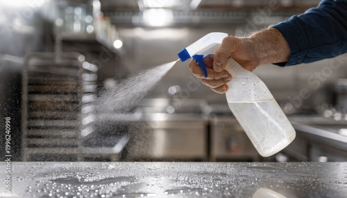 Staff disinfecting shared kitchen counter afterhours focus on spray bottle and hand motions blurry kitchenette environment in background.