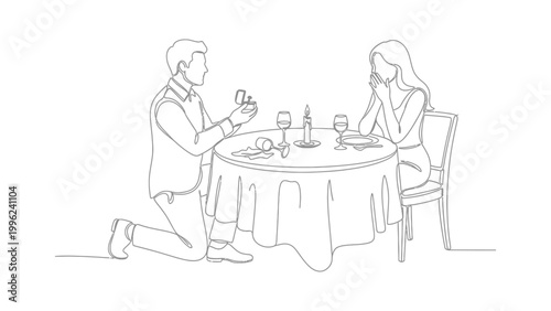 Man proposing to woman at dinner.