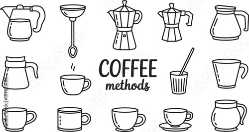 Outline icons of coffee brewing methods and equipment including moka pots and various mugs for cafe menu graphic design Vector Illustration