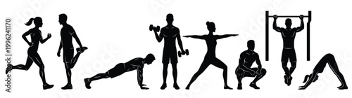 Vector Silhouette Icon Set : Fit Men and Women Performing Various Workout Activities like Running Stretching Yoga and Weightlifting for Health and Wellness, Isolated on White