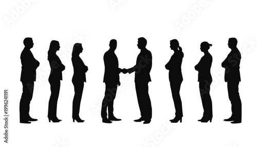 Businesspeople stand in a line while two colleagues perform a formal handshake in the center position.