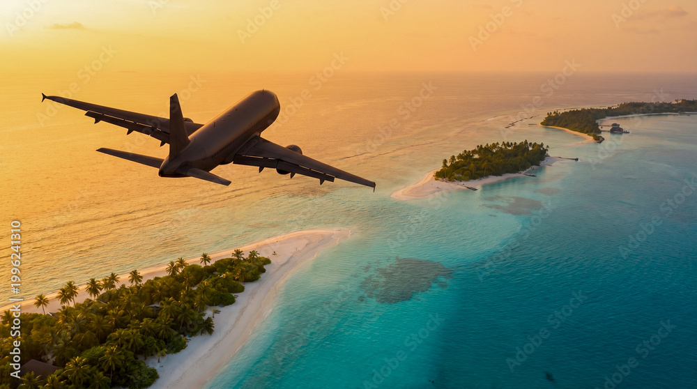Naklejka premium Avión volando sobre playas tropicales al atardecer, colores cálidos, composición inspiradora, estilo publicitario.