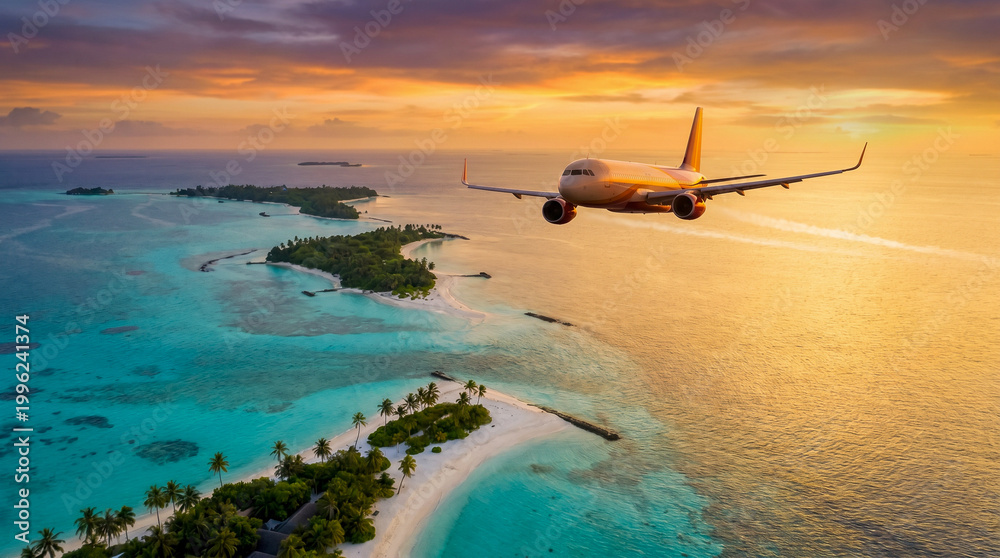 Naklejka premium Avión volando sobre playas tropicales al atardecer, colores cálidos, composición inspiradora, estilo publicitario.