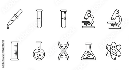 Collection of science laboratory equipment icons and symbols.