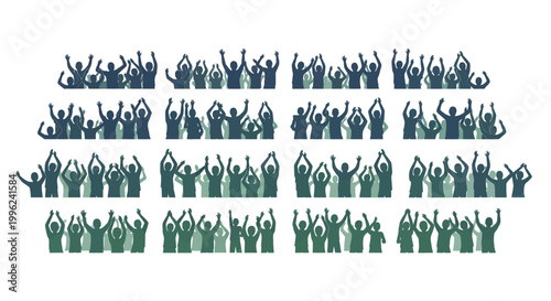 People silhouettes raising hands in various poses and colors