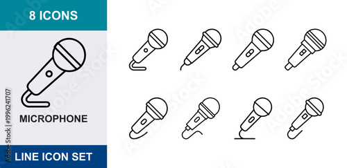 8 Microphone linear icons audio equipment vocal recording device music studio gear, UI and web interface design