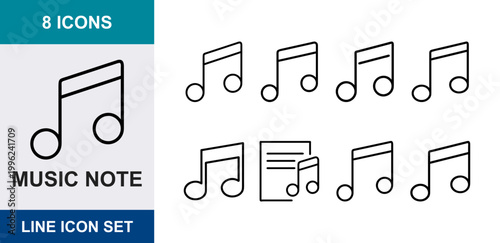 8 Music note linear icons melody sound tune audio sheet song rhythm, UI and web interface design