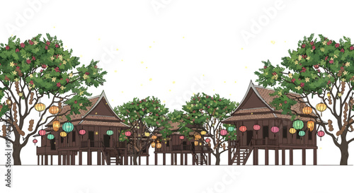 Traditional wooden houses with colorful lanterns on stilts